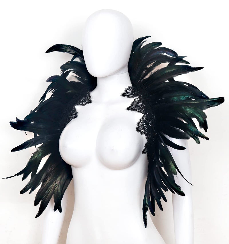 L'VOW Black Crow Feather Cape Shawl Stand Up Collar Halloween Devil Wings Witch Costume(Black) - Image 5
